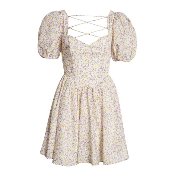 Bardot Revolve Marlie Sweetheart Neck Puff Sleeve Floral Mini Dress Medium - Picture 2 of 13